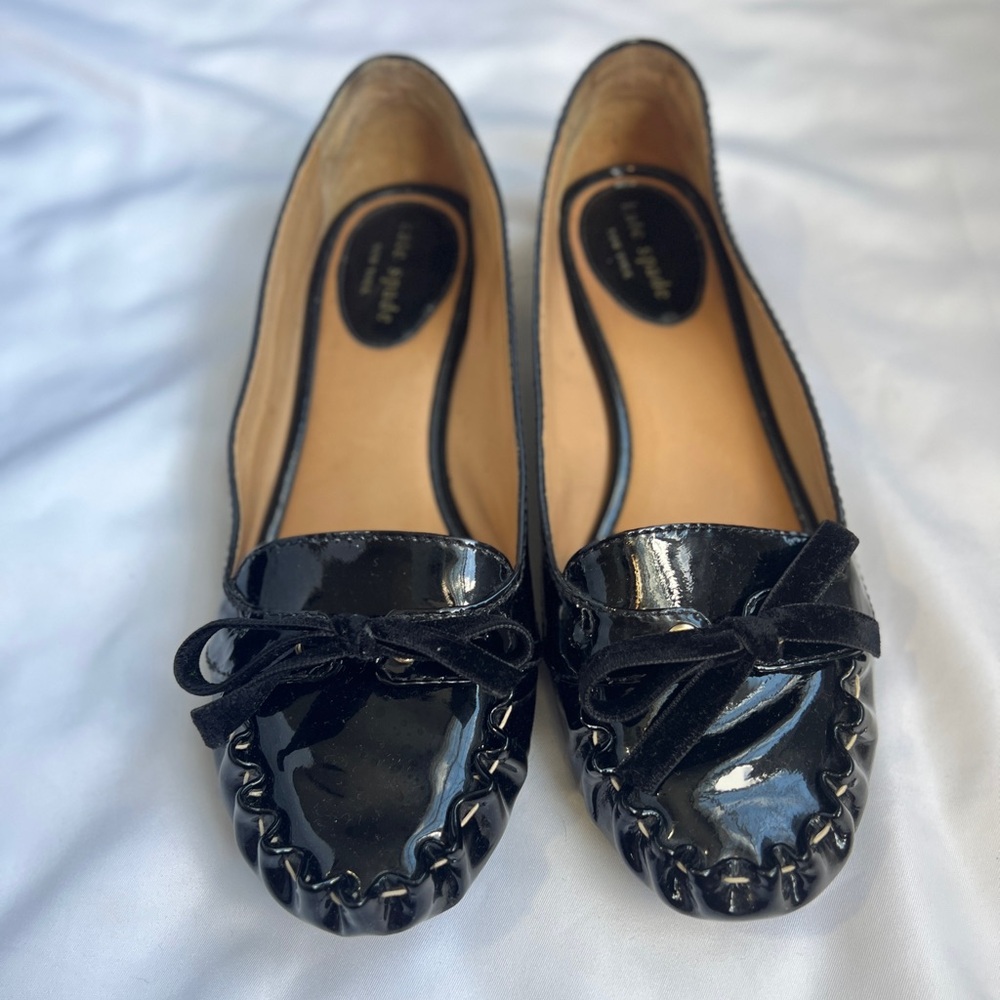 Kate Spade Black Patent Leather Bow Moccasin Flats